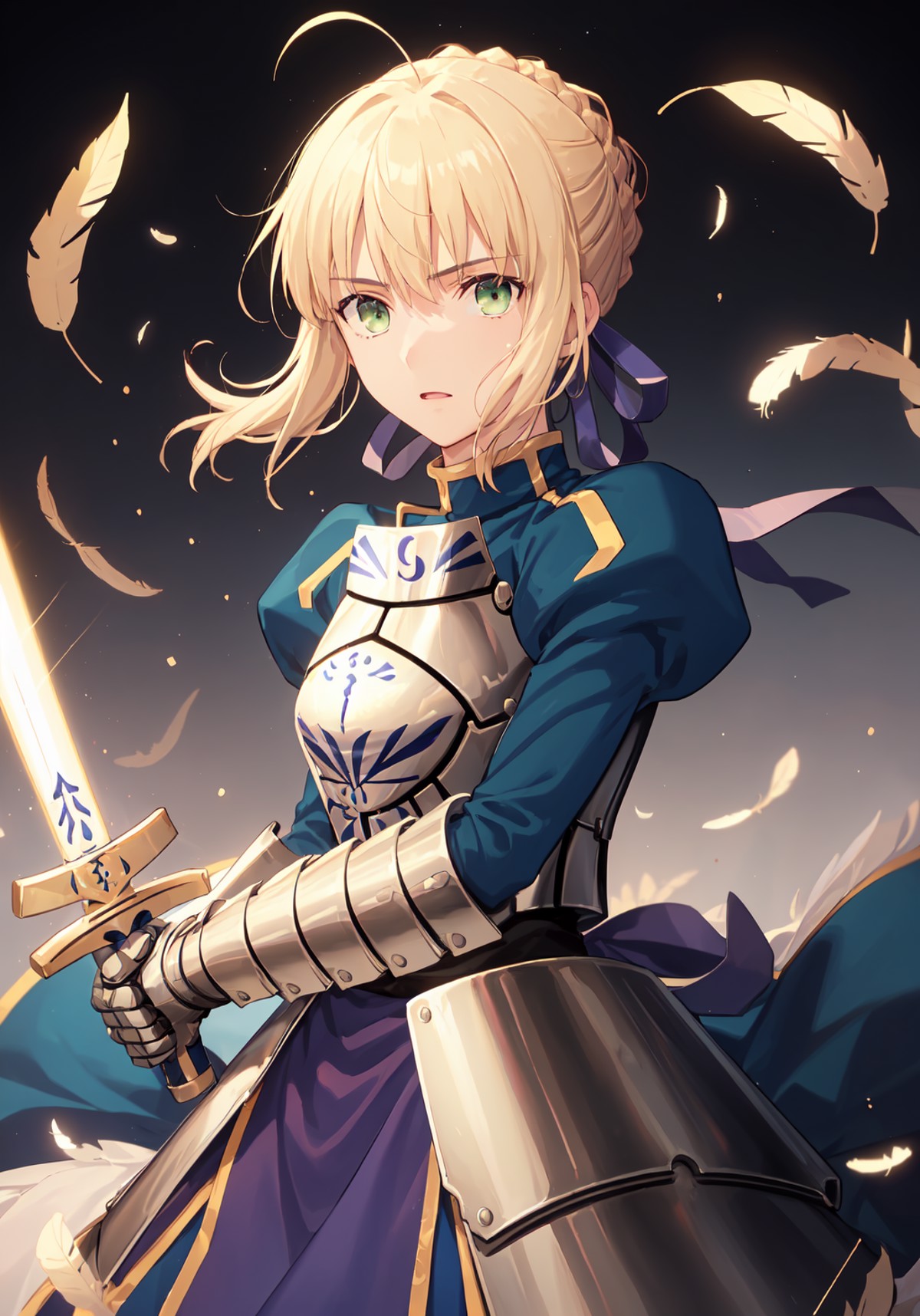 best quality, masterpiece, phSaber, phAltoria, 1girl, solo, armor, gauntlets, weapon, armored dress, sword, holding, frenc...